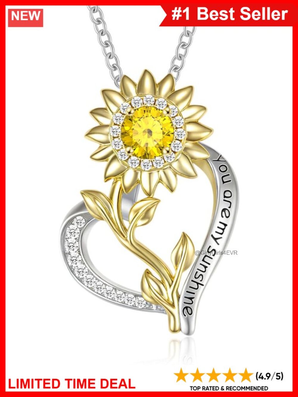 Sterling Silver 14K Gold Plated Heart Sunflower Pendant Necklace
